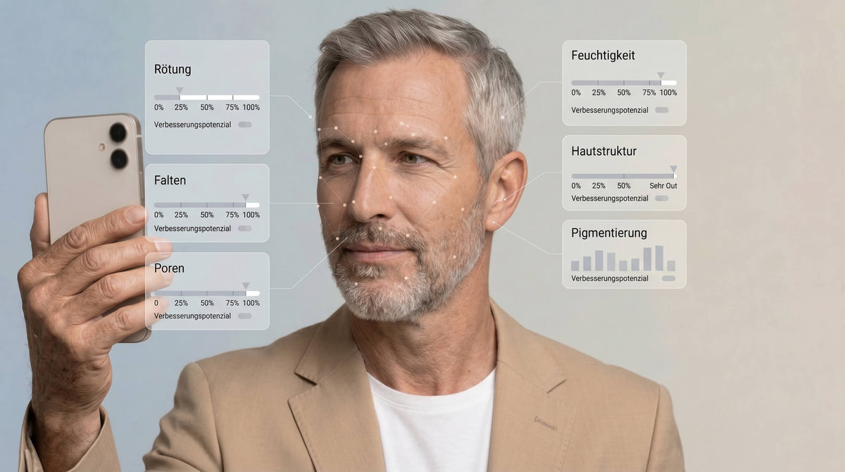 Mann während einer KI-gestützten Hautanalyse