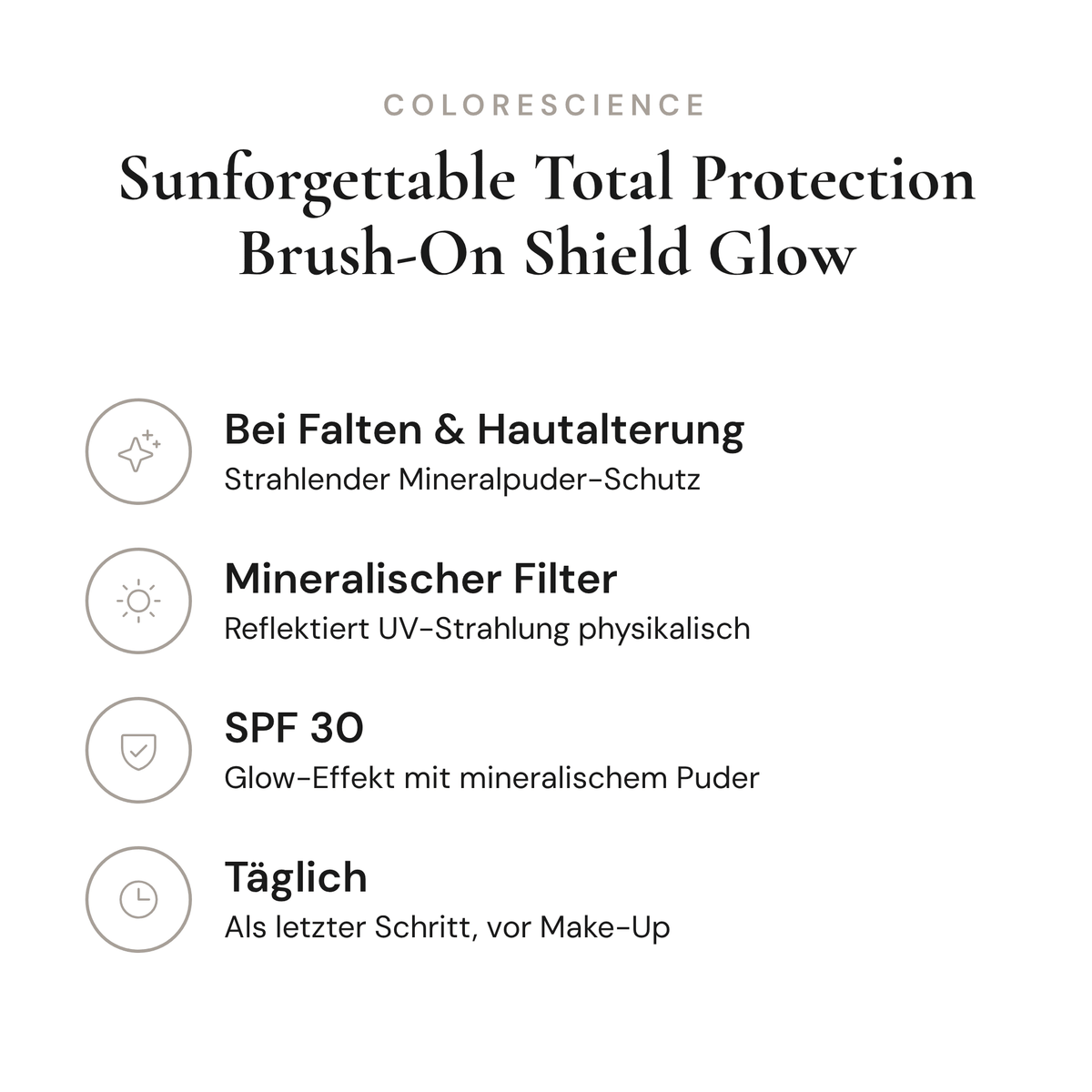 Sunforgettable Total Protection Brush-On Shield Glow SPF 30 - Infografik mit Wirkstoffen und Anwendung | Colorescience