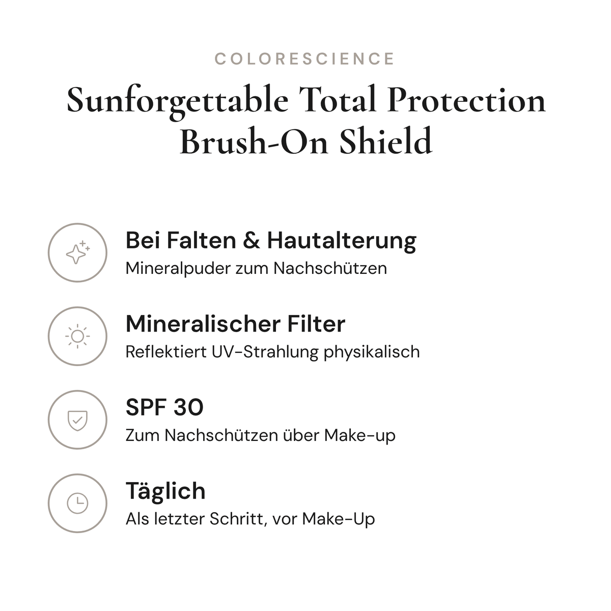 Sunforgettable Total Protection Brush-On Shield SPF 30 - Infografik mit Wirkstoffen und Anwendung | Colorescience