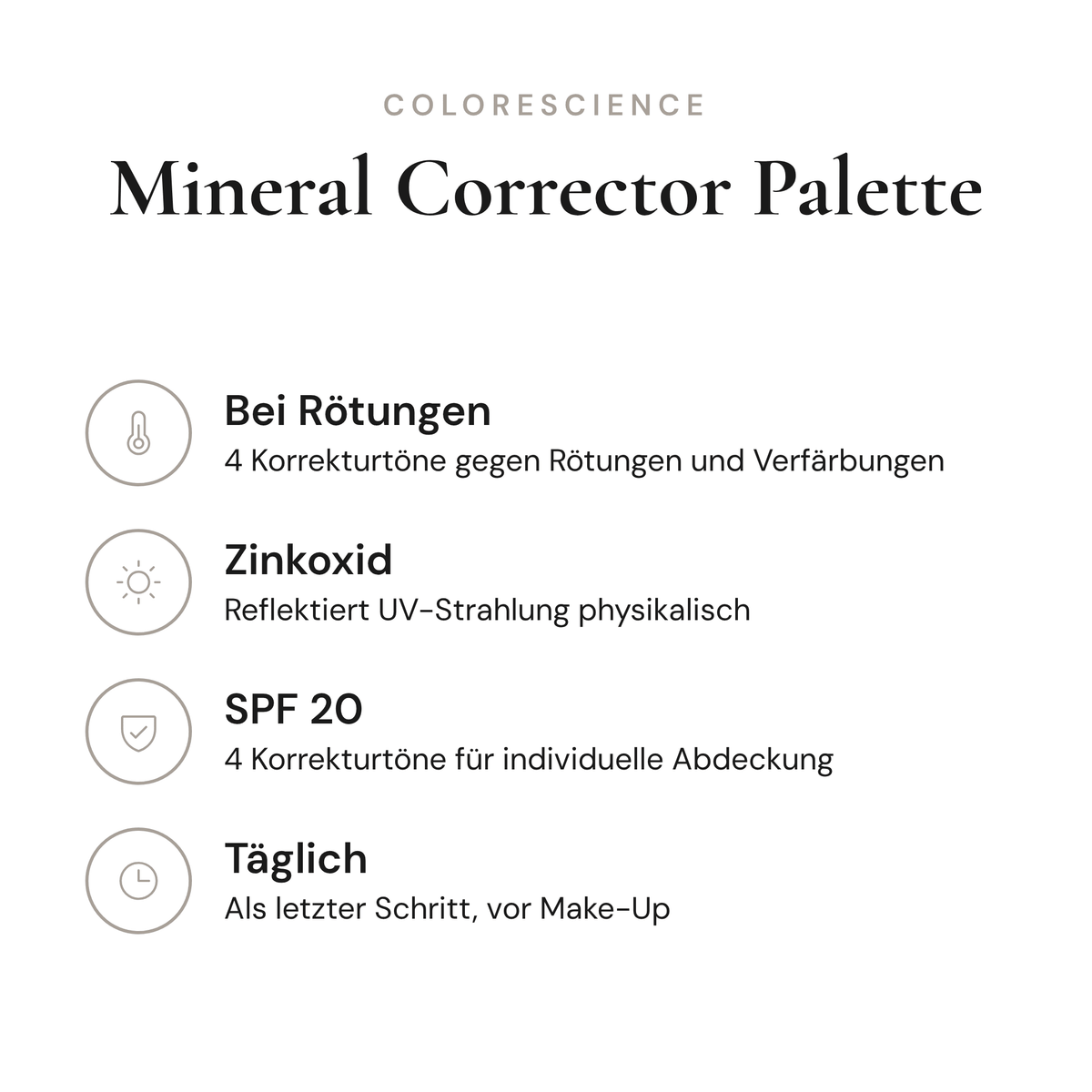 Mineral Corrector Palette SPF 20 - Infografik mit Wirkstoffen und Anwendung | Colorescience