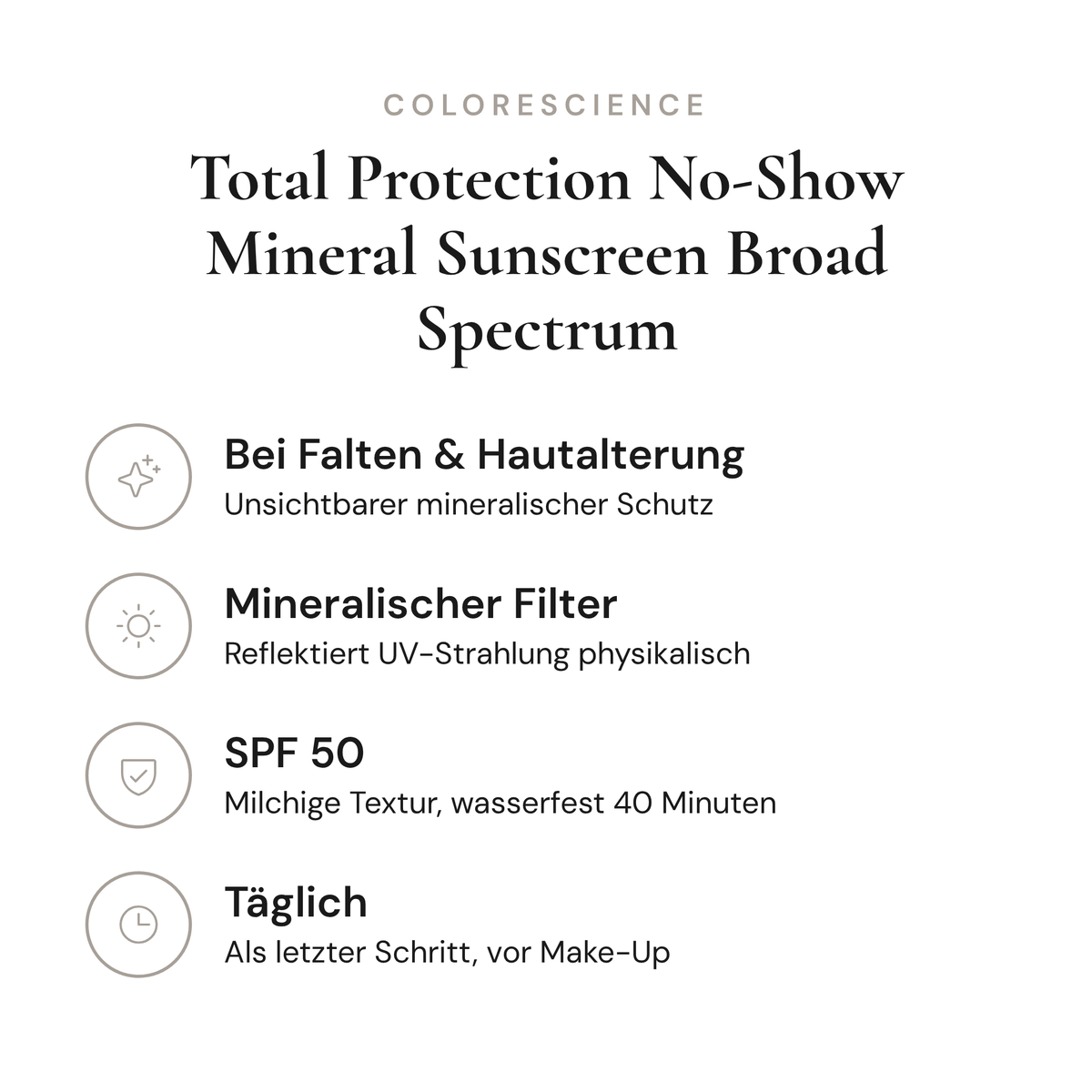 Total Protection No-Show Mineral Sunscreen Broad Spectrum SPF 50 - Infografik mit Wirkstoffen und Anwendung | Colorescience