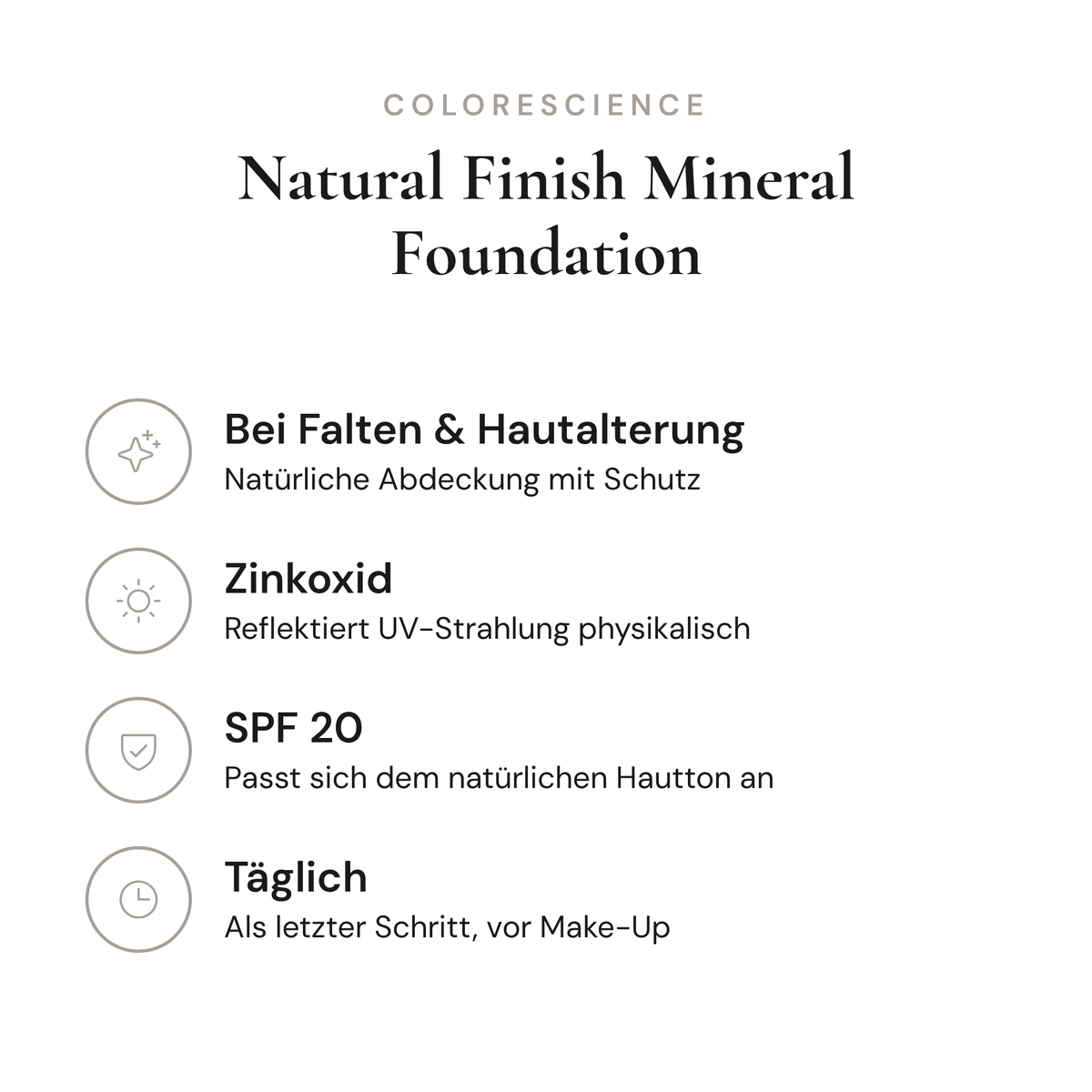 Natural Finish Mineral Foundation SPF 20 - Infografik mit Wirkstoffen und Anwendung | Colorescience