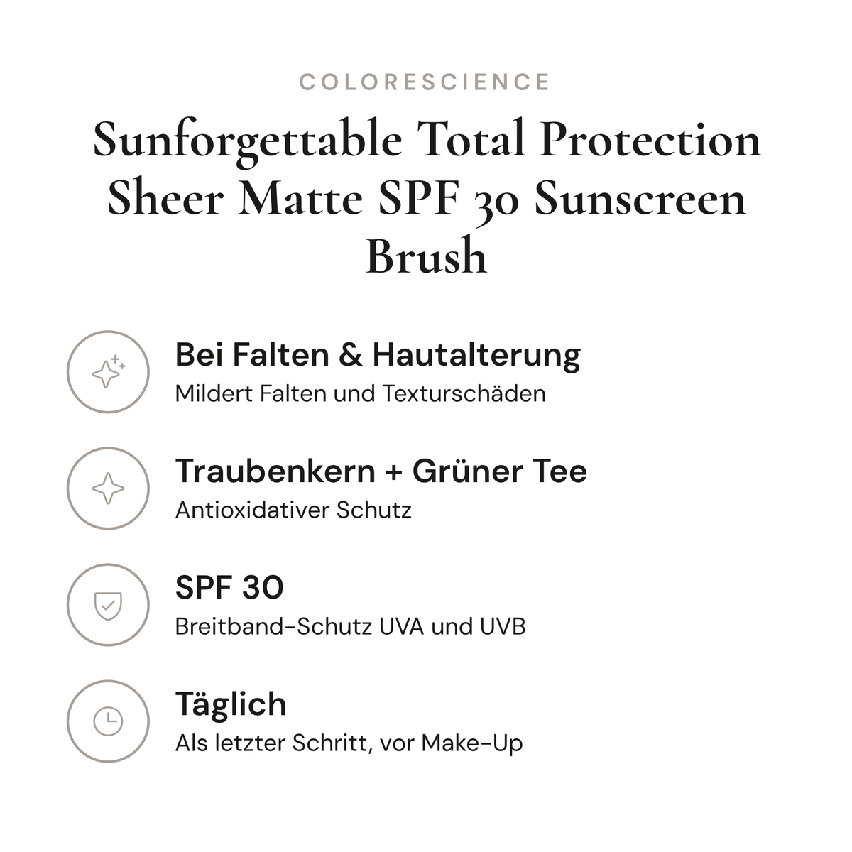 Sunforgettable Total Protection Sheer Matte SPF 30 Sunscreen Brush - Infografik mit Wirkstoffen und Anwendung | Colorescience