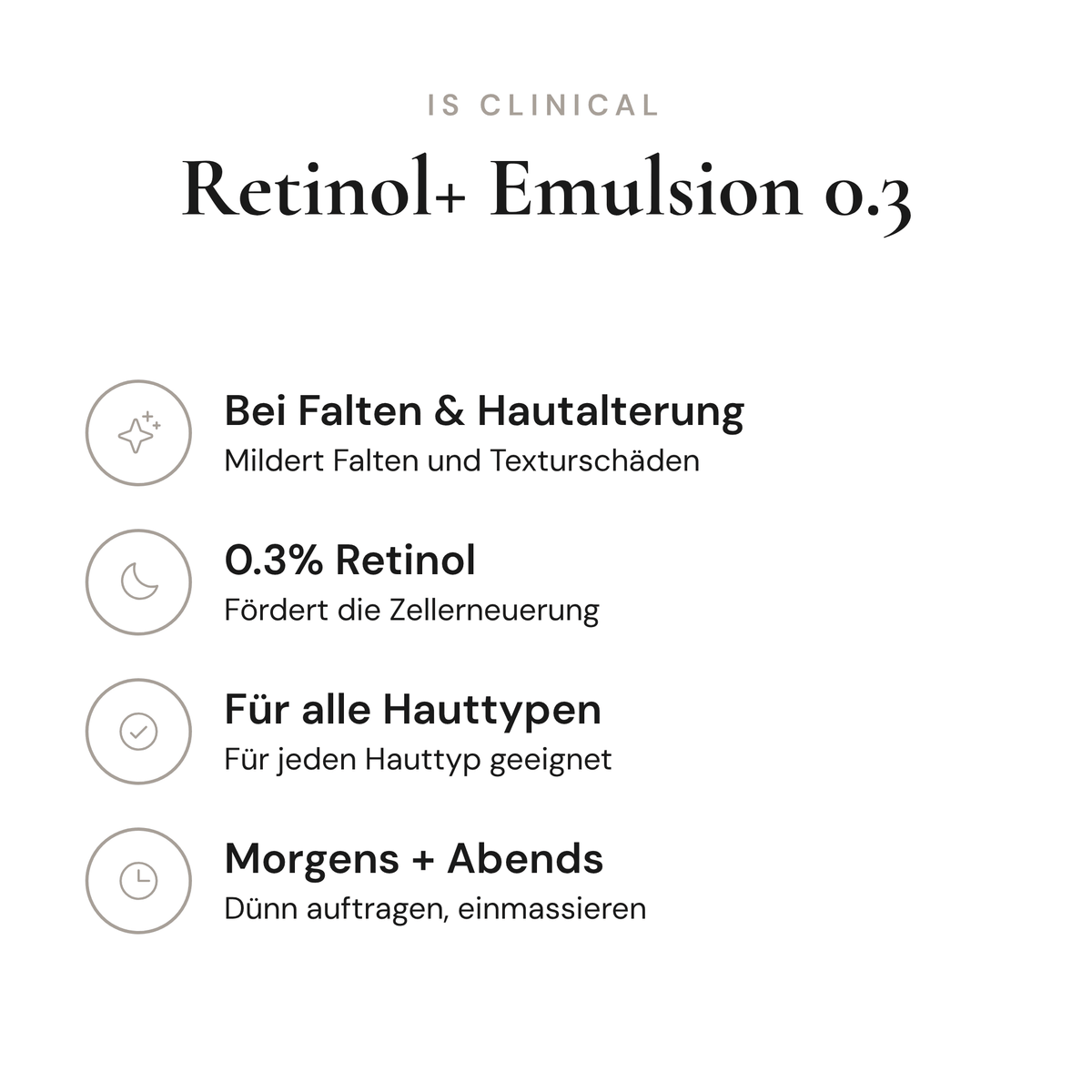 Retinol+ Emulsion 0.3 - Infografik mit Wirkstoffen und Anwendung | iS Clinical