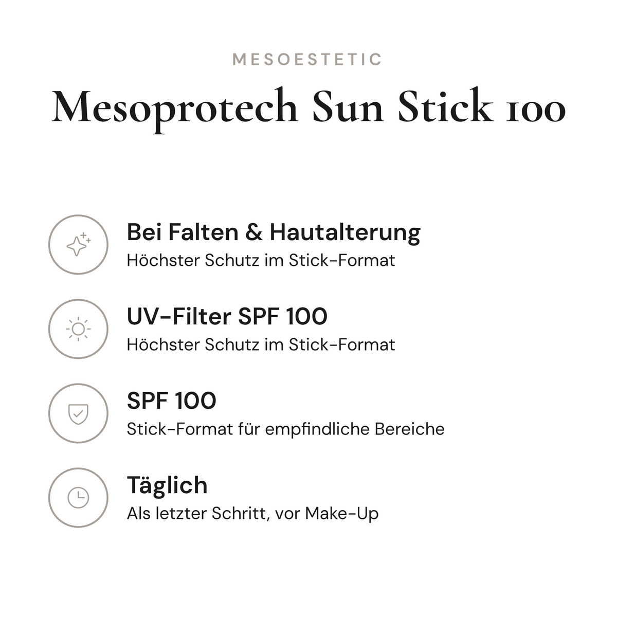 Mesoprotech Sun Stick 100 - Infografik mit Wirkstoffen und Anwendung | mesoestetic