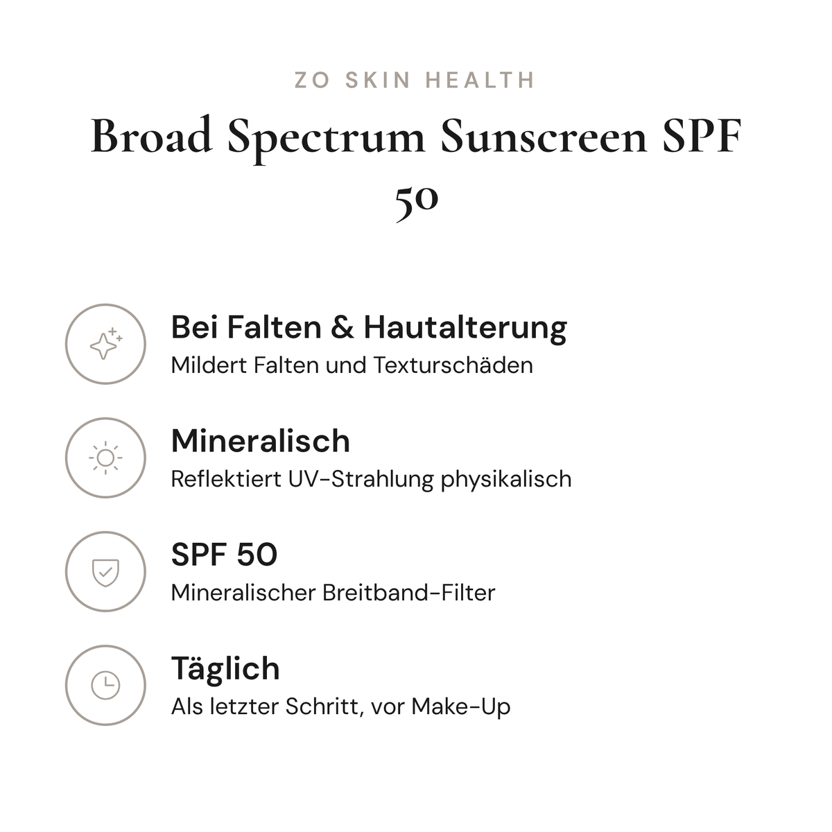 Broad Spectrum Sunscreen SPF 50 - Infografik mit Wirkstoffen und Anwendung | ZO Skin Health