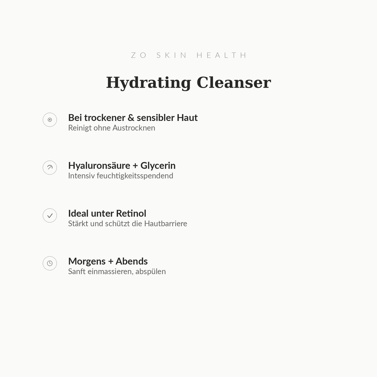 Hydrating Cleanser - Infografik mit Wirkstoffen und Anwendung | ZO Skin Health