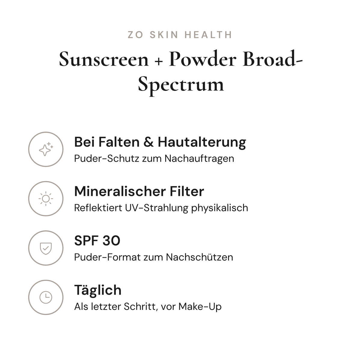 Sunscreen + Powder Broad-Spectrum SPF 30 - Infografik mit Wirkstoffen und Anwendung | ZO Skin Health