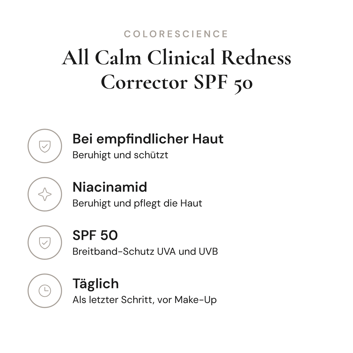 All Calm Clinical Redness Corrector SPF 50 - Infografik mit Wirkstoffen und Anwendung | Colorescience
