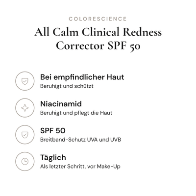 All Calm Clinical Redness Corrector SPF 50 - Infografik mit Wirkstoffen und Anwendung | Colorescience