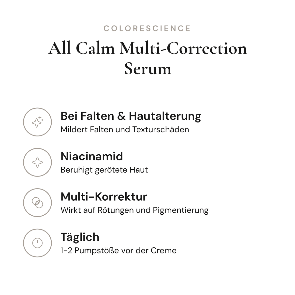 All Calm Multi-Correction Serum - Infografik mit Wirkstoffen und Anwendung | Colorescience