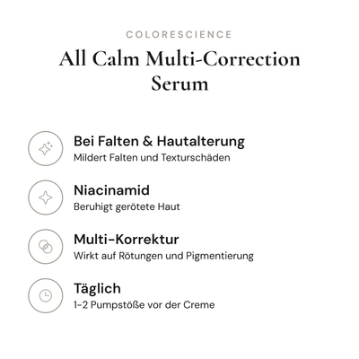 All Calm Multi-Correction Serum - Infografik mit Wirkstoffen und Anwendung | Colorescience