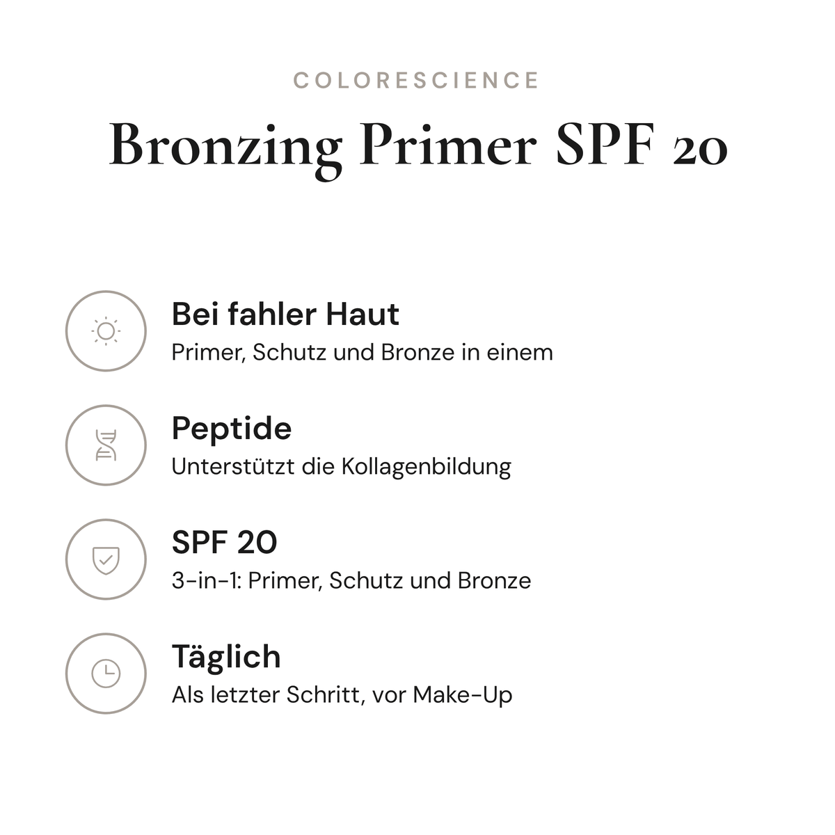 Bronzing Primer SPF 20 - Infografik mit Wirkstoffen und Anwendung | Colorescience