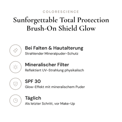 Sunforgettable Total Protection Brush-On Shield Glow SPF 30 - Infografik mit Wirkstoffen und Anwendung | Colorescience