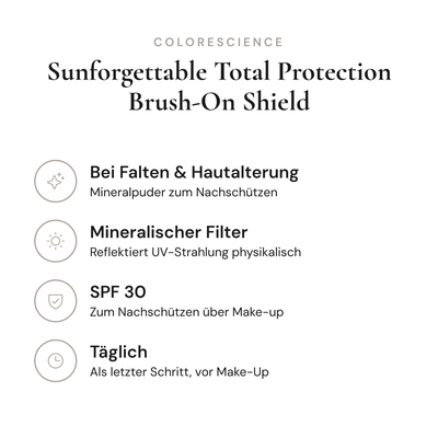 Sunforgettable Total Protection Brush-On Shield SPF 30 - Infografik mit Wirkstoffen und Anwendung | Colorescience