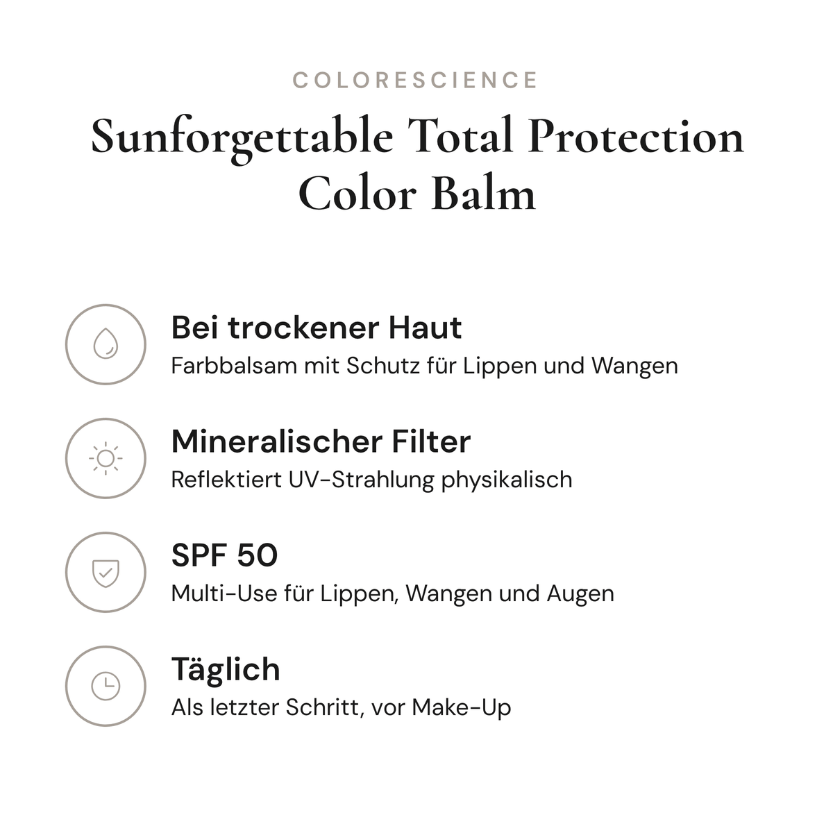 Sunforgettable Total Protection Color Balm SPF 50 - Infografik mit Wirkstoffen und Anwendung | Colorescience