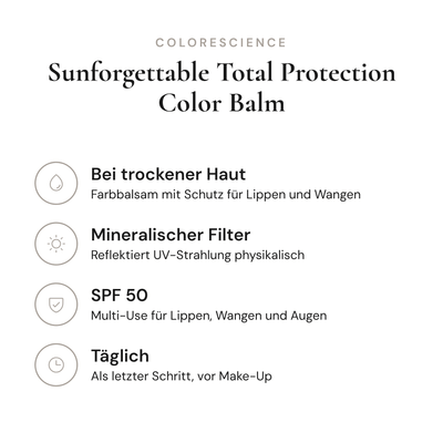 Sunforgettable Total Protection Color Balm SPF 50 - Infografik mit Wirkstoffen und Anwendung | Colorescience
