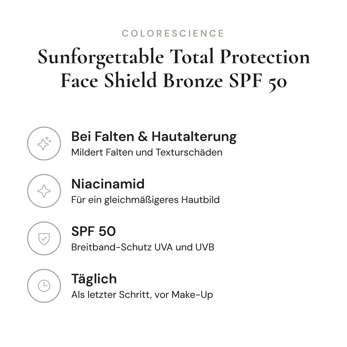 Sunforgettable Total Protection Face Shield Bronze SPF 50 - Infografik mit Wirkstoffen und Anwendung | Colorescience