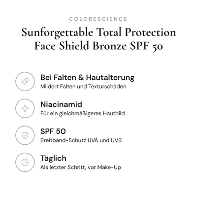 Sunforgettable Total Protection Face Shield Bronze SPF 50 - Infografik mit Wirkstoffen und Anwendung | Colorescience