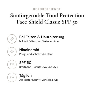 Sunforgettable Total Protection Face Shield Classic SPF 50 - Infografik mit Wirkstoffen und Anwendung | Colorescience