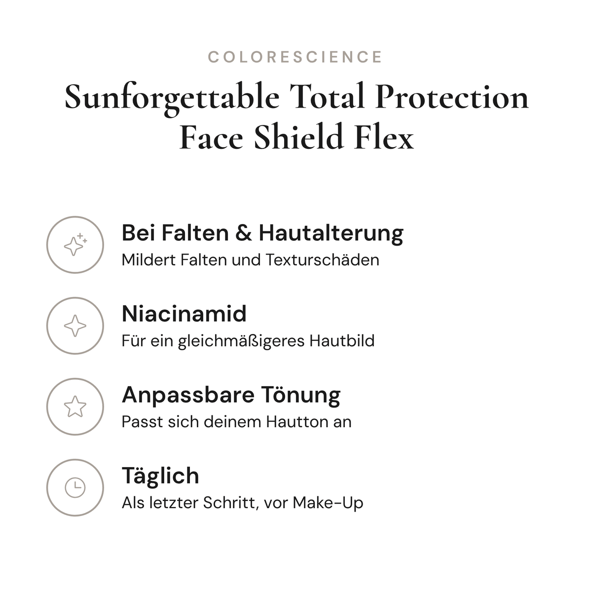 Sunforgettable Total Protection Face Shield Flex - Infografik mit Wirkstoffen und Anwendung | Colorescience
