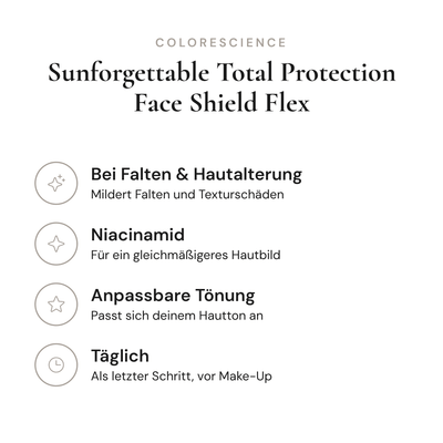 Sunforgettable Total Protection Face Shield Flex - Infografik mit Wirkstoffen und Anwendung | Colorescience