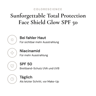 Sunforgettable Total Protection Face Shield Glow SPF 50 - Infografik mit Wirkstoffen und Anwendung | Colorescience