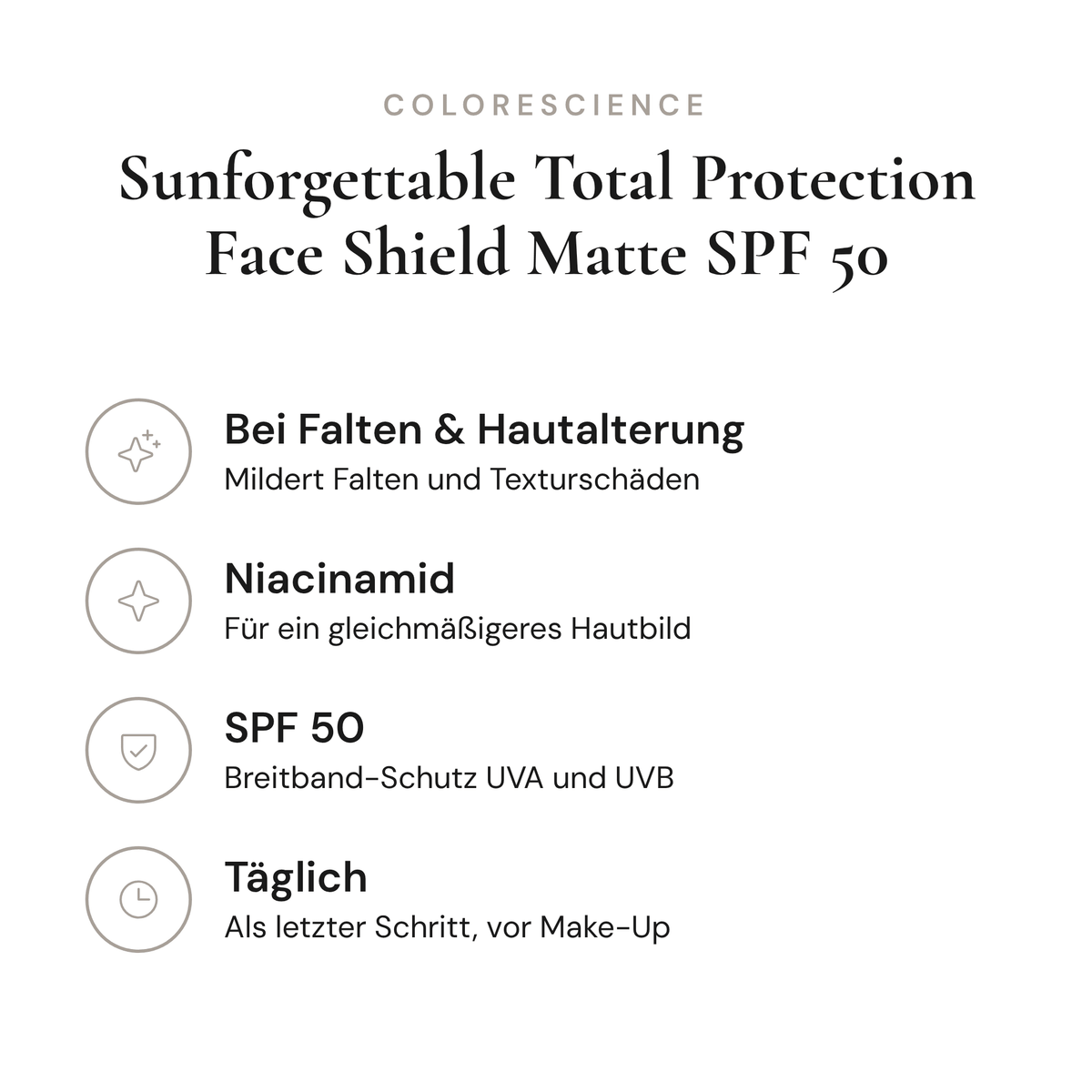 Sunforgettable Total Protection Face Shield Matte SPF 50 - Infografik mit Wirkstoffen und Anwendung | Colorescience