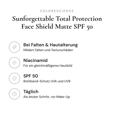Sunforgettable Total Protection Face Shield Matte SPF 50 - Infografik mit Wirkstoffen und Anwendung | Colorescience