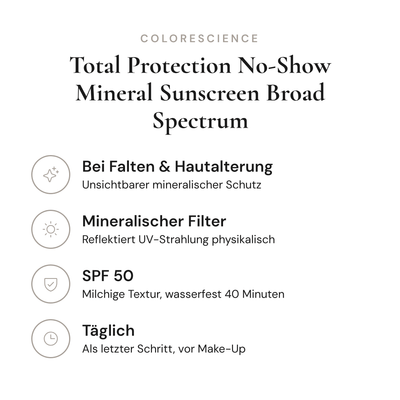 Total Protection No-Show Mineral Sunscreen Broad Spectrum SPF 50 - Infografik mit Wirkstoffen und Anwendung | Colorescience