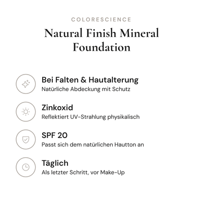 Natural Finish Mineral Foundation SPF 20 - Infografik mit Wirkstoffen und Anwendung | Colorescience