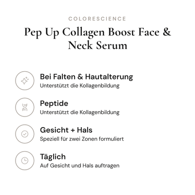 Pep Up Collagen Boost Face & Neck Serum - Infografik mit Wirkstoffen und Anwendung | Colorescience