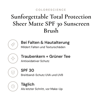 Sunforgettable Total Protection Sheer Matte SPF 30 Sunscreen Brush - Infografik mit Wirkstoffen und Anwendung | Colorescience