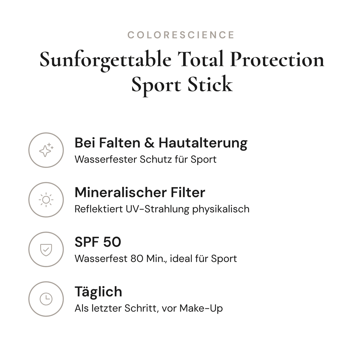 Sunforgettable Total Protection Sport Stick SPF 50 - Infografik mit Wirkstoffen und Anwendung | Colorescience