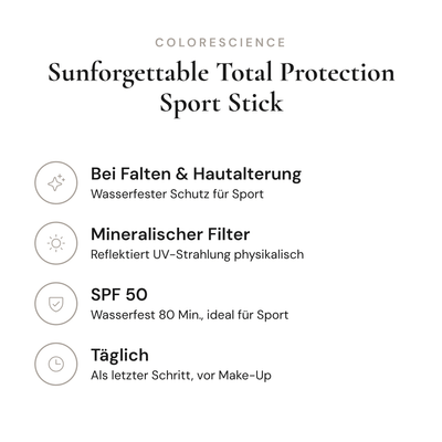 Sunforgettable Total Protection Sport Stick SPF 50 - Infografik mit Wirkstoffen und Anwendung | Colorescience