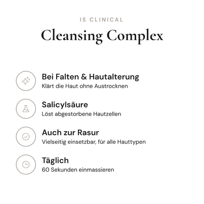 Cleansing Complex - Infografik mit Wirkstoffen und Anwendung | iS Clinical