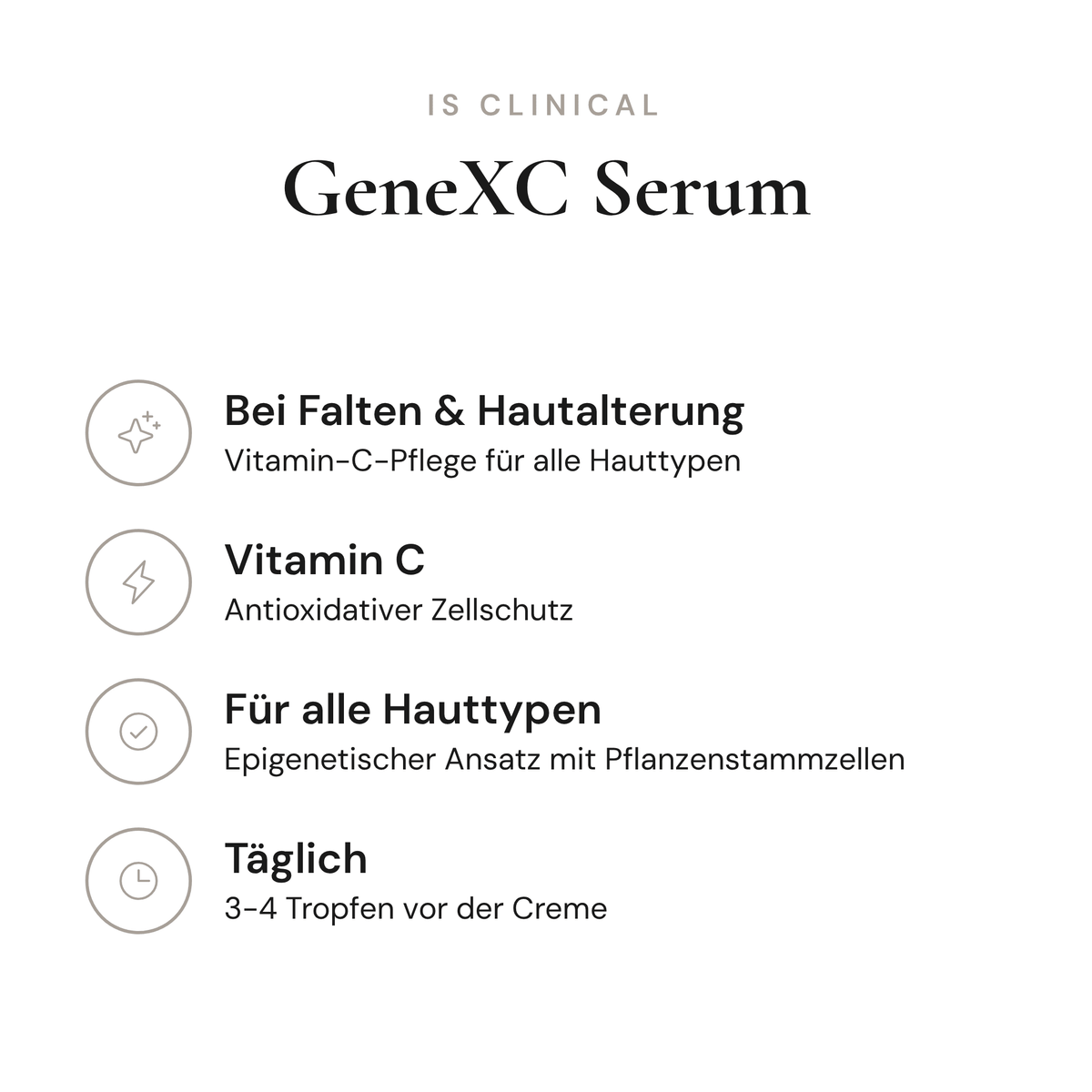 GeneXC Serum - Infografik mit Wirkstoffen und Anwendung | iS Clinical