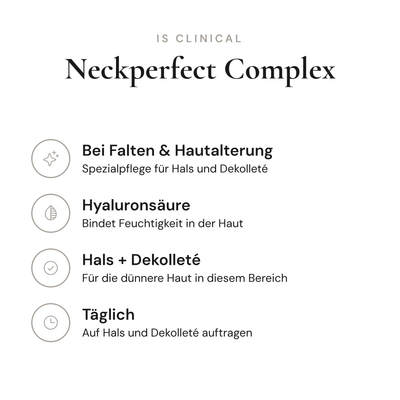 Neckperfect Complex - Infografik mit Wirkstoffen und Anwendung | iS Clinical