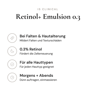 Retinol+ Emulsion 0.3 - Infografik mit Wirkstoffen und Anwendung | iS Clinical