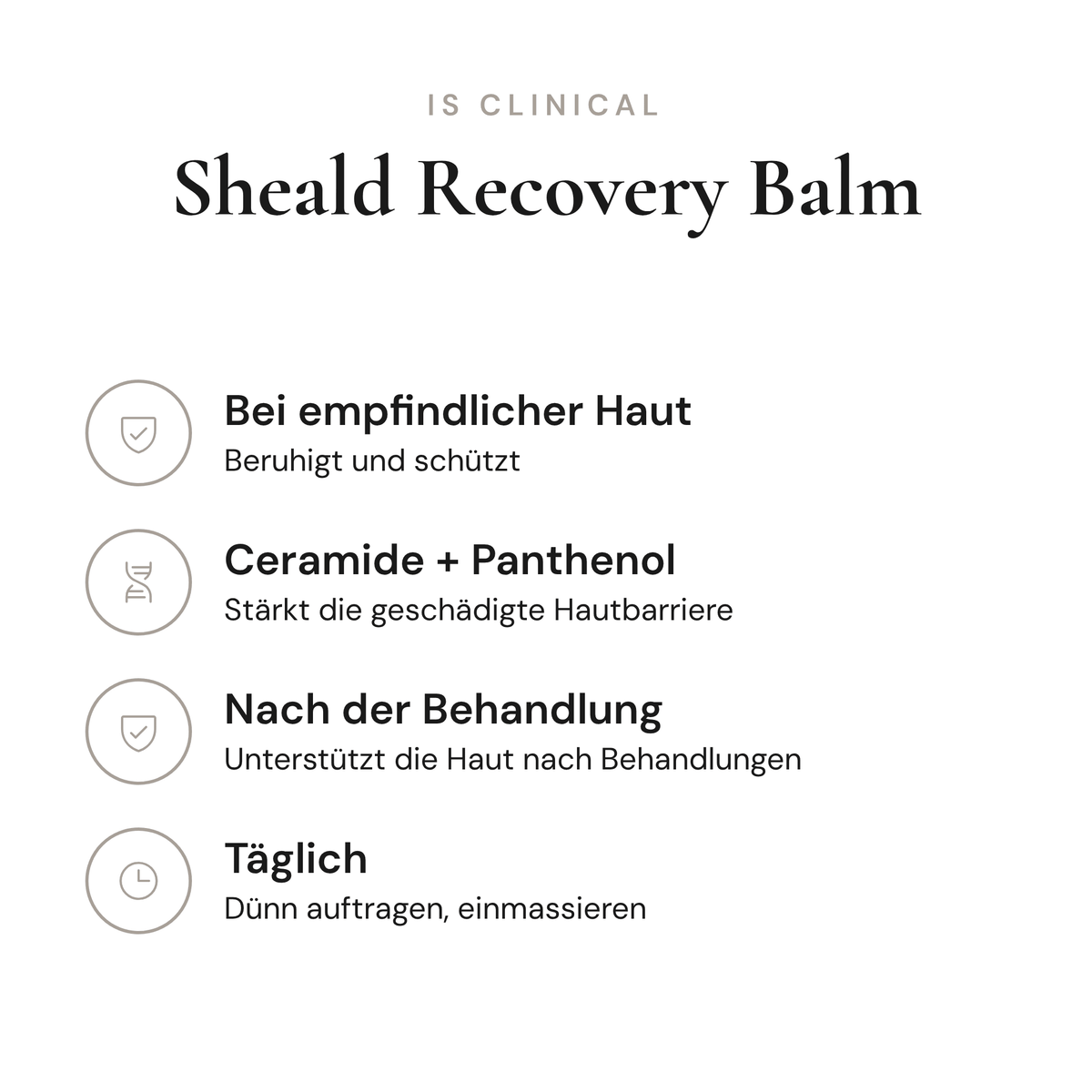 Sheald Recovery Balm - Infografik mit Wirkstoffen und Anwendung | iS Clinical