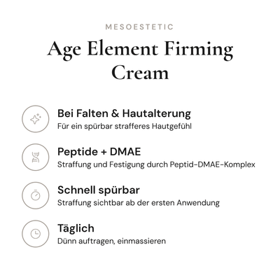 Age Element Firming Cream - Infografik mit Wirkstoffen und Anwendung | mesoestetic