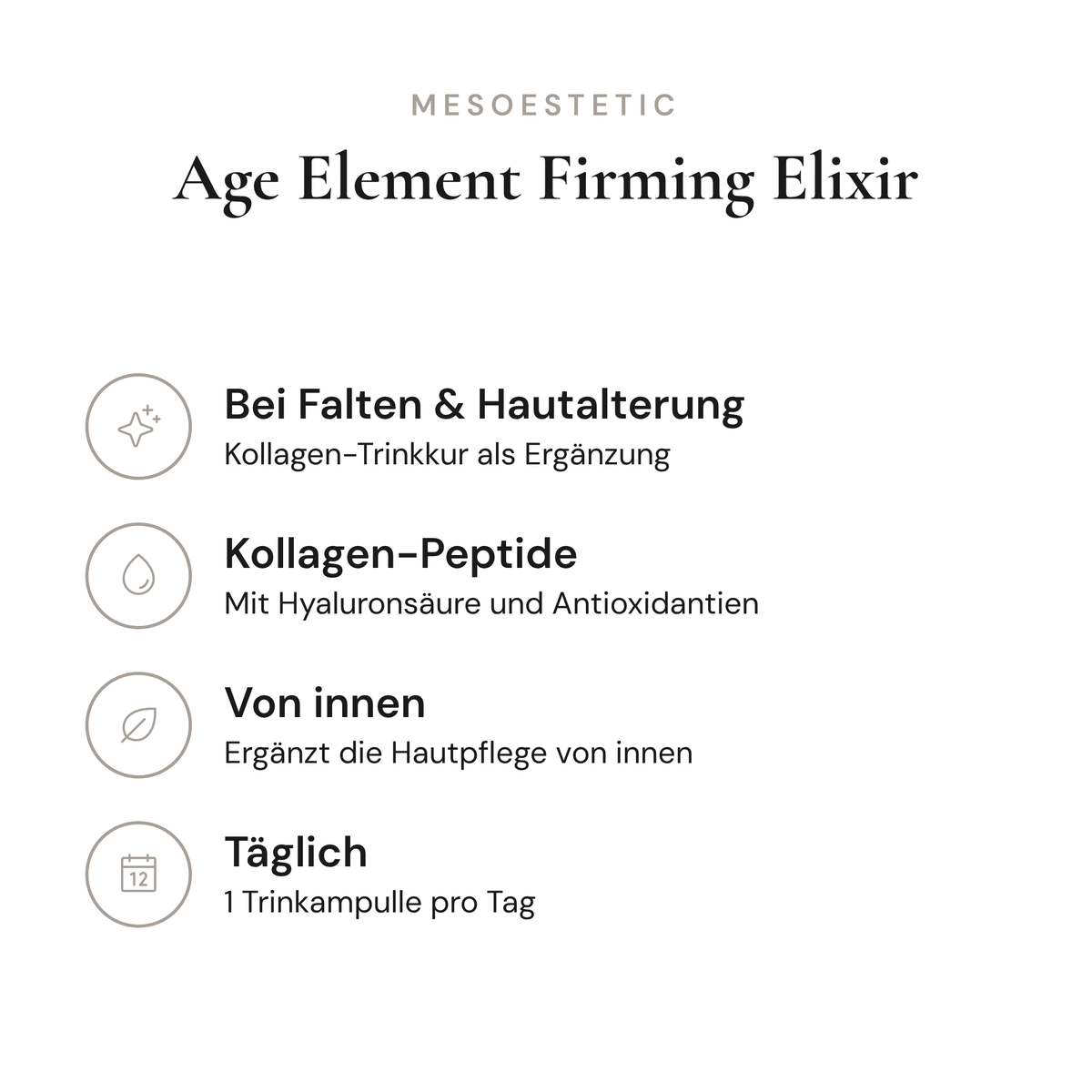 Age Element Firming Elixir - Infografik mit Wirkstoffen und Anwendung | mesoestetic