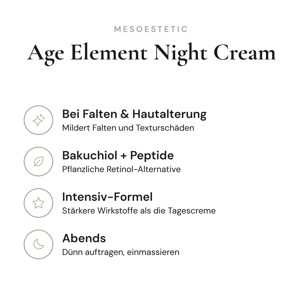 Age Element Night Cream - Infografik mit Wirkstoffen und Anwendung | mesoestetic
