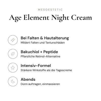 Age Element Night Cream - Infografik mit Wirkstoffen und Anwendung | mesoestetic