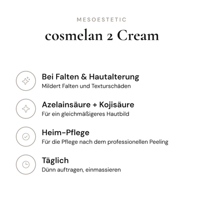 cosmelan 2 Cream - Infografik mit Wirkstoffen und Anwendung | mesoestetic
