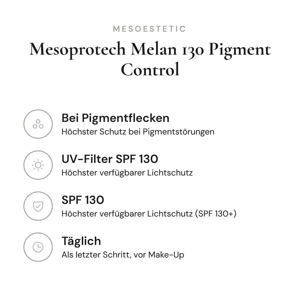Mesoprotech Melan 130 Pigment Control - Infografik mit Wirkstoffen und Anwendung | mesoestetic