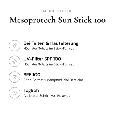 Mesoprotech Sun Stick 100 - Infografik mit Wirkstoffen und Anwendung | mesoestetic