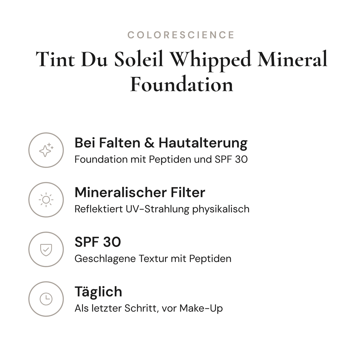Tint Du Soleil Whipped Mineral Foundation SPF 30 - Infografik mit Wirkstoffen und Anwendung | Colorescience