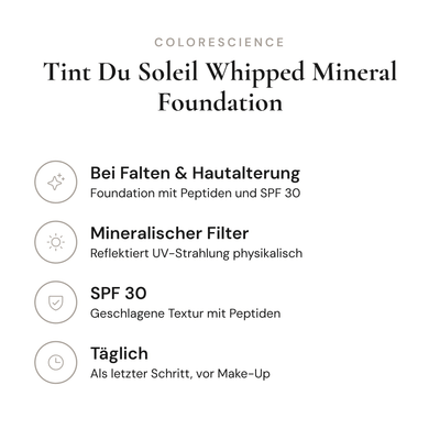 Tint Du Soleil Whipped Mineral Foundation SPF 30 - Infografik mit Wirkstoffen und Anwendung | Colorescience
