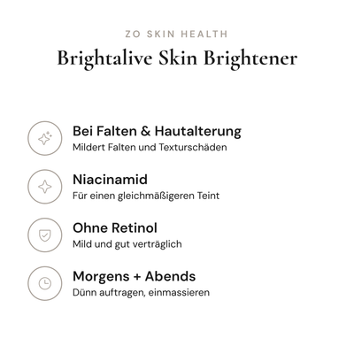 Brightalive Skin Brightener - Infografik mit Wirkstoffen und Anwendung | ZO Skin Health